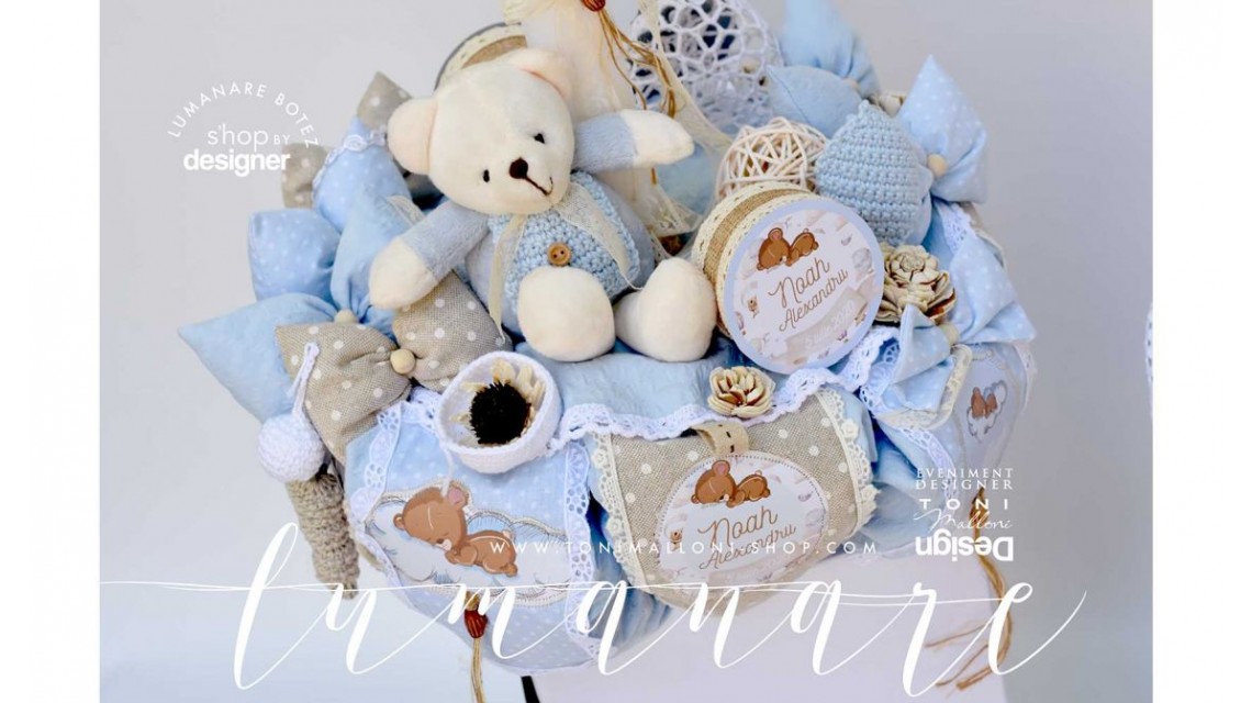 Lumanare de botez cu ursulet de plus,baloane de aer cald si norisori Air Blue Balloon Teddy Bear 13